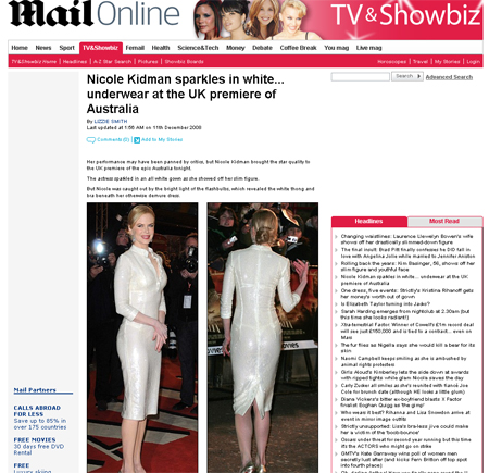 ▲ 반짝이는 드레스 속에 흰 속옷이 적나라하게 비치는 니콜키드만의 의상을 영국 언론 데일리 메일이 보도했다